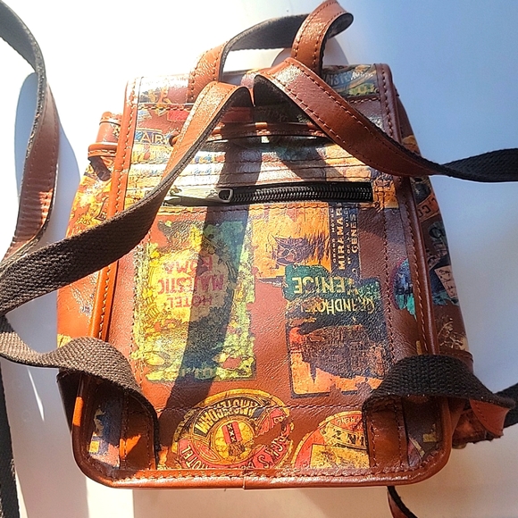 Patricia Nash Leather Saracena Flap Vintage Travel Sticker Drawstring Backpack - Picture 2 of 7